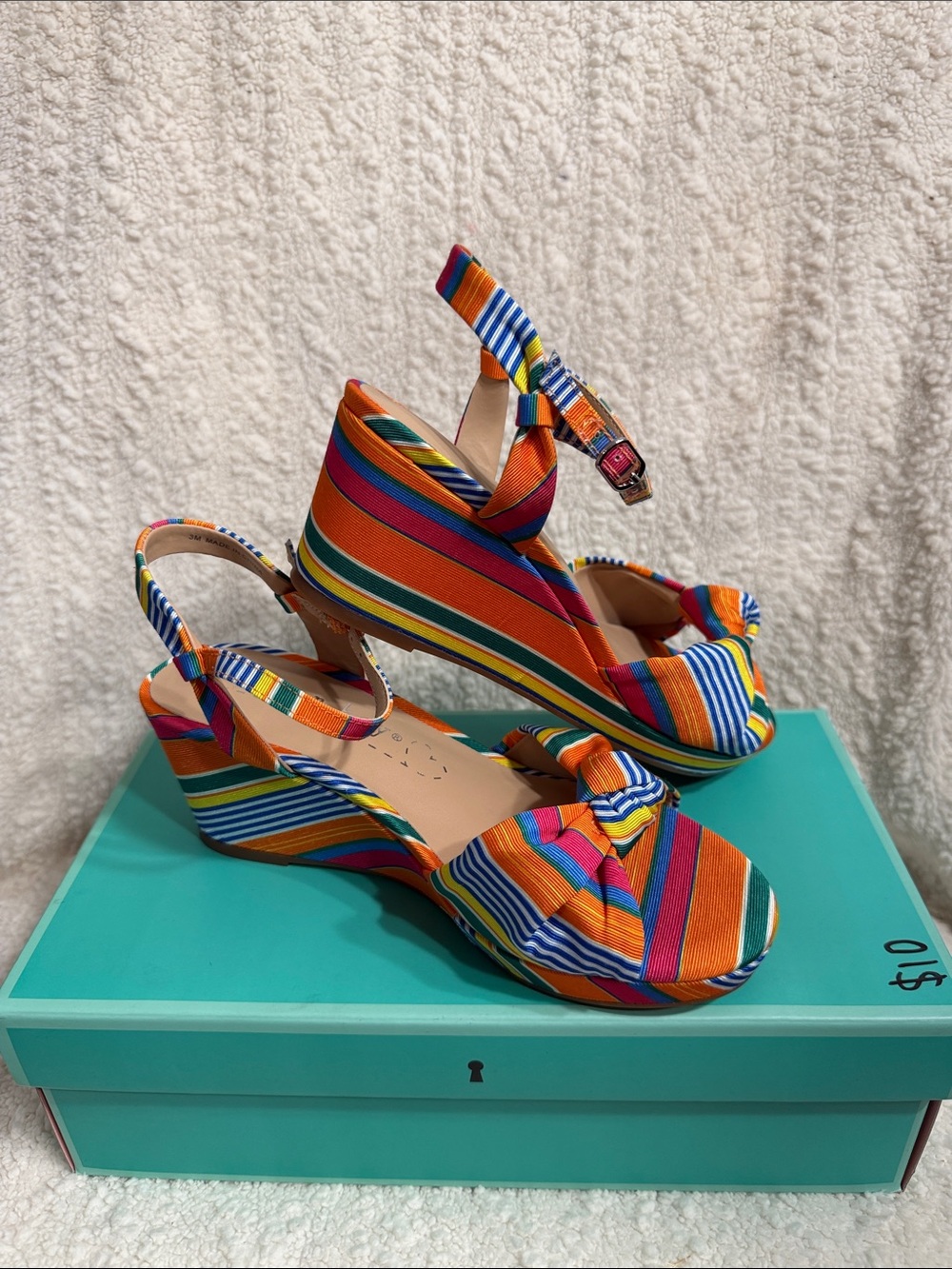 Copper Key Orange Multi Striped Wedge Sandals with Ankle Strap